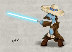 Size: 1200x860 | Tagged: safe, artist:lunarapologist, species:earth pony, species:pony, bipedal, clothing, crossover, energy weapon, hooves, jedi, lightsaber, male, mexican, moustache, solo, sombrero, stallion, star wars, weapon