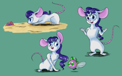 Size: 1407x882 | Tagged: safe, artist:crazypon3, character:rarity, character:spike, eyes on the prize, fly, gem, green background, mouse, mousified, parasprite, paraspritized, rarimouse, rodent, simple background, smiling, species swap