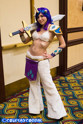 Size: 600x900 | Tagged: safe, artist:blakstarr, character:rarity, satyr, species:human, 2013, anime los angeles, bellyring, convention, cosplay, irl, irl human, photo, satyrized, solo, sword, unconvincing armor, weapon