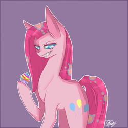 Size: 685x685 | Tagged: safe, artist:sheeppiss, character:pinkamena diane pie, character:pinkie pie, species:earth pony, species:pony, cupcake, female, grin, rainbow cupcake, solo