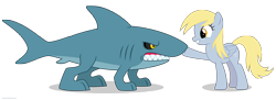 Size: 5510x2000 | Tagged: safe, artist:larsurus, character:derpy hooves, species:pegasus, species:pony, eye contact, female, glare, grin, gritted teeth, land shark, mare, petting, shark, smiling