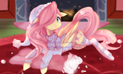 Size: 1000x607 | Tagged: safe, artist:chokico, character:fluttershy, bottomless, clothing, female, fireplace, floppy ears, hair over one eye, hat, lying down, nightcap, obtrusive watermark, partial nudity, pillow, smiling, socks, solo, striped socks, sweater, sweatershy, watermark
