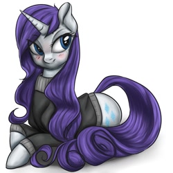 Size: 1024x1024 | Tagged: safe, artist:eternyan, artist:vardastouch, artist:yukomaussi, character:rarity, species:pony, species:unicorn, alternate hairstyle, blushing, clothing, collaboration, female, mare, simple background, solo, sweater, white background