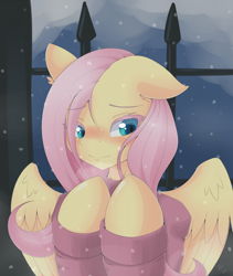 Size: 950x1125 | Tagged: safe, artist:average-hanzo, character:fluttershy, bust, clothing, female, semi-anthro, smiling, snow, snowfall, solo, sweater, sweatershy