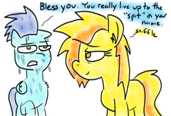 Size: 1440x972 | Tagged: safe, artist:rainysunshine, character:soarin', character:spitfire, female, male, mucus, shipping, sneezing, sneezing fetish, spit, spray, straight, wonderbolts