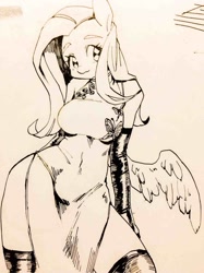 Size: 1023x1365 | Tagged: safe, artist:hotomura, character:fluttershy, species:anthro, breasts, busty fluttershy, cheongsam, clothing, contrapposto, evening gloves, female, gloves, long gloves, monochrome, side slit, socks, solo, thigh highs, traditional art, vacuum sealed clothing, waist wings
