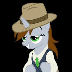 Size: 1191x1191 | Tagged: safe, artist:teschke, oc, oc only, oc:littlepip, species:pony, species:unicorn, fallout equestria, black background, clothing, fanfic, fanfic art, fedora, female, hat, hooves, horn, mare, simple background, smiling, solo, stay classy, teeth