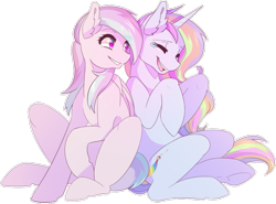 Size: 933x689 | Tagged: safe, artist:raponee, oc, oc only, oc:pastel flakes, oc:pastel sky, species:pegasus, species:pony, species:unicorn, back to back, duo, duo female, ear fluff, eyes closed, female, mare, open mouth, simple background, sitting, smiling, teary eyes, transparent background, white outline
