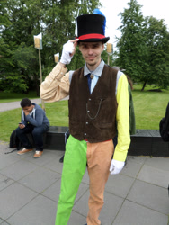 Size: 3456x4608 | Tagged: safe, artist:juu50x, character:discord, species:human, clothing, cosplay, crystal fair con, finland, finlandia hall, hat, irl, irl human, outdoors, photo, pose, solo, top hat