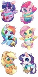 Size: 2037x4125 | Tagged: safe, artist:akamei, character:applejack, character:fluttershy, character:pinkie pie, character:rainbow dash, character:rarity, character:twilight sparkle, character:twilight sparkle (alicorn), species:alicorn, species:pony, :t, apple pie, banana, blueberry, blushing, chibi, chocolate banana, cupcake, cute, cutie mark eyes, dashabetes, diapinkes, eating, female, food, hoof hold, hug, jackabetes, licking, licking lips, looking at you, mane six, mare, mochi, nom, open mouth, pixiv, puffy cheeks, raribetes, shyabetes, simple background, smiling, snow bunny, starry eyes, tongue out, twiabetes, weapons-grade cute, white background, wide eyes, wingding eyes