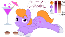 Size: 640x360 | Tagged: safe, artist:potes, oc, oc only, oc:tucker, species:pegasus, species:pony, aviator glasses, bedroom eyes, cocktail, cursive writing, male, prone, reference sheet, solo