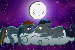 Size: 4780x3200 | Tagged: safe, artist:thunderelemental, character:rainbow dash, character:soarin', ship:soarindash, boop, cloud, eye contact, female, floppy ears, male, moon, night, nose wrinkle, noseboop, nuzzling, prone, shipping, sky, smiling, smirk, stars, straight