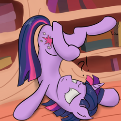 Size: 560x560 | Tagged: safe, artist:muffinsforever, character:twilight sparkle, oc:dusk shine, species:pony, species:unicorn, exclamation point, female to male, golden oaks library, implied transformation, interrobang, male, question mark, rule 63, solo, stallion, transformation, unicorn dusk shine, upside down