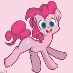 Size: 1000x1000 | Tagged: dead source, safe, artist:berseepon09, character:pinkie pie, species:pony, cute, diapinkes, female, looking at you, open mouth, pink background, pixiv, simple background, solo