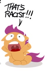 Size: 558x837 | Tagged: safe, artist:raygirl, character:scootaloo, species:pegasus, species:pony, cropped, female, filly, foal, hooves, lineless, meme, open mouth, reaction image, sitting, solo, teeth, that's racist, wings