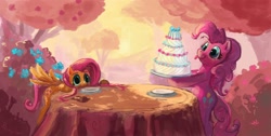 Size: 2660x1342 | Tagged: safe, artist:paladin, character:fluttershy, character:pinkie pie, species:pony, blep, cake, duo, female, food, mare, table, tongue out