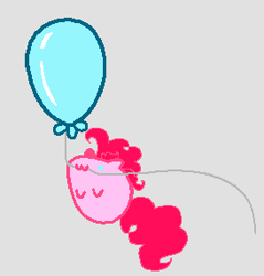Size: 273x285 | Tagged: safe, artist:macroscopicponies, character:pinkie pie, :3, balloon, bubble berry, cute, floating, flying, gray background, nom, rule 63, simple background, small, solo, then watch her balloons lift her up to the sky