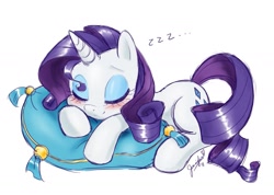 Size: 1403x1000 | Tagged: safe, artist:chibi-jen-hen, character:rarity, species:pony, species:unicorn, blushing, cute, eyes closed, female, mare, misleading thumbnail, pillow, precious, prone, raribetes, sleeping, smiling, solo, zzz