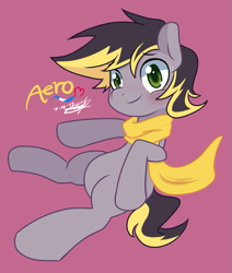 Size: 1095x1293 | Tagged: safe, artist:wishdream, oc, oc only, oc:aero, parent:derpy hooves, parent:oc:warden, parents:canon x oc, parents:warderp, species:pegasus, species:pony, blank flank, blushing, clothing, colt, cute, heart, looking at you, male, offspring, red background, scarf, simple background, smiling, solo, sweat, sweatdrop