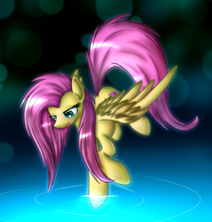 Size: 1900x1984 | Tagged: safe, artist:n1de, character:fluttershy, species:pegasus, species:pony, female, glow, looking at something, looking down, mare, solo, spread wings, three quarter view, touch, water, wings
