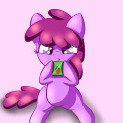 Size: 2000x2000 | Tagged: safe, artist:goldenmercurydragon, character:berry punch, character:berryshine, berrybetes, cute, dawwww, female, filly, high res, juice box, pink background, simple background, sitting, solo