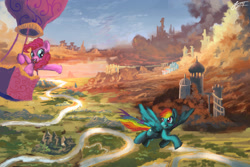 Size: 3000x2000 | Tagged: safe, artist:lukeine, character:pinkie pie, character:rainbow dash, balloon, flying, scenery