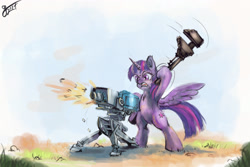 Size: 3000x2000 | Tagged: safe, artist:lukeine, character:twilight sparkle, character:twilight sparkle (alicorn), species:alicorn, species:pony, angry, bipedal, female, high res, mare, pun, sentry, solo, team fortress 2, visual gag, wrench
