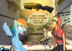 Size: 1063x751 | Tagged: safe, artist:az-derped-unicorn, character:rainbow dash, species:human, australium, crossover, force-of-nature, scout, team fortress 2