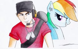 Size: 1024x646 | Tagged: safe, artist:az-derped-unicorn, character:rainbow dash, species:human, crossover, scout, team fortress 2, traditional art