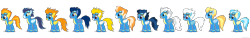 Size: 10000x1500 | Tagged: safe, artist:larsurus, character:blaze, character:fire streak, character:fleetfoot, character:high winds, character:lightning streak, character:misty fly, character:silver lining, character:soarin', character:spitfire, character:surprise, character:wave chill, simple background, transparent background, vector, wonderbolts, wonderbolts uniform