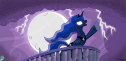 Size: 5000x2445 | Tagged: safe, artist:spacekingofspace, character:princess celestia, character:princess luna, species:alicorn, species:pony, balcony, female, glowing eyes, lightning, mare, moon, raised hoof
