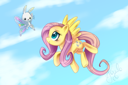 Size: 1500x1000 | Tagged: safe, artist:pauuhanthothecat, character:angel bunny, character:fluttershy, flying, wings