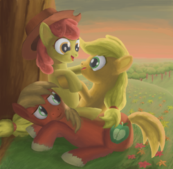 Size: 1024x1000 | Tagged: safe, artist:morevespenegas, character:apple bloom, character:applejack, character:big mcintosh, species:earth pony, species:pony, accessory swap, apple siblings, apple sisters, clothing, female, filly, foal, hat, male, mare, siblings, sisters, stallion, tree, trio