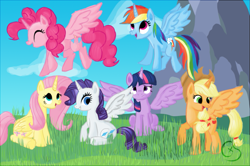 Size: 1091x726 | Tagged: safe, artist:xwreathofroses, character:applejack, character:fluttershy, character:pinkie pie, character:rainbow dash, character:rarity, character:twilight sparkle, character:twilight sparkle (alicorn), species:alicorn, species:pony, alicornified, applecorn, everyone is an alicorn, fluttercorn, mane six, mane six alicorns, meme, pinkiecorn, race swap, rainbowcorn, raricorn, thanks m.a. larson, xk-class end-of-the-world scenario