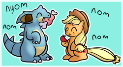 Size: 865x472 | Tagged: safe, artist:nidote-the-nidoran, character:applejack, species:earth pony, species:pony, apple, crossover, female, food, mare, meat, nidoqueen, pokémon