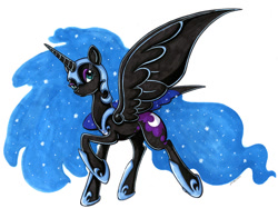 Size: 1024x765 | Tagged: safe, artist:jenkiwi, character:nightmare moon, character:princess luna, species:alicorn, species:pony, female, mare, raised hoof, simple background, solo, spread wings, traditional art, white background, wings