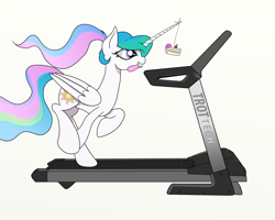 Size: 1280x1024 | Tagged: safe, artist:arcuswind, character:princess celestia, species:alicorn, species:pony, alternate hairstyle, cake, cake on a stick, cakelestia, carrot on a stick, cute, cutelestia, exercise, female, mare, missing accessory, ponytail, simple background, solo, tongue out, treadmill, white background