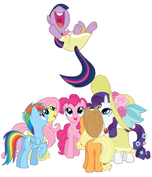 Size: 6000x7000 | Tagged: safe, artist:midnight--blitz, character:applejack, character:fluttershy, character:pinkie pie, character:rainbow dash, character:rarity, character:twilight sparkle, episode:sweet and elite, g4, my little pony: friendship is magic, absurd resolution, birthday dress, clothing, dress, female, happy, hat, mane six, simple background, smiling, transparent background, vector