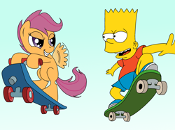 Size: 2592x1936 | Tagged: safe, artist:flowersimh, character:scootaloo, bart simpson, scooter, skateboard, the simpsons