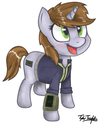 Size: 795x1005 | Tagged: safe, artist:teschke, oc, oc only, oc:littlepip, species:pony, species:unicorn, fallout equestria, blushing, clothing, cute, cutie mark, fanfic, fanfic art, female, hooves, horn, looking up, mare, open mouth, pipabetes, pipbuck, signature, simple background, solo, transparent background, vault suit