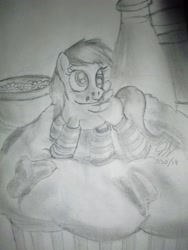Size: 3456x4608 | Tagged: safe, artist:thegreatmewtwo, character:derpy hooves, species:pegasus, species:pony, breakfast, cereal, clothing, derp, female, mare, milk, monochrome, muffin, orange juice, socks, solo, striped socks, traditional art
