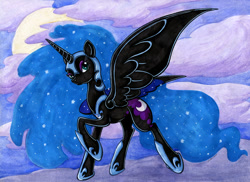 Size: 1123x816 | Tagged: safe, artist:jenkiwi, character:nightmare moon, character:princess luna, species:alicorn, species:pony, female, mare, raised hoof, solo, spread wings, traditional art, wings