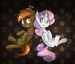 Size: 1024x878 | Tagged: safe, artist:jayivee, character:button mash, character:sweetie belle, ? block, buttonbetes, cute, diasweetes, fire flower, super mario bros., super mushroom, super star