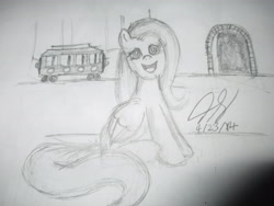 Size: 4608x3456 | Tagged: safe, artist:thegreatmewtwo, character:fluttershy, crossover, female, mister rogers, mister rogers' neighborhood, monochrome, solo, traditional art, trolley