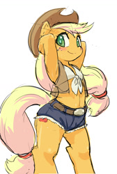 Size: 1000x1486 | Tagged: safe, artist:siagia, character:applejack, species:earth pony, species:pony, armpits, belly button, blushing, clothing, cute, daisy dukes, female, freckles, front knot midriff, hat, jackabetes, looking at you, midriff, pixiv, semi-anthro, shirt, shorts, simple background, smiling, solo, sweat, vest, white background
