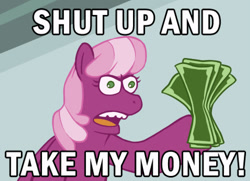 Size: 500x362 | Tagged: safe, artist:buryooooo, character:cheerilee, attack of the killer app, female, futurama, meme, money, open mouth, pixiv, ponified meme, shut up and take my money, solo, style emulation