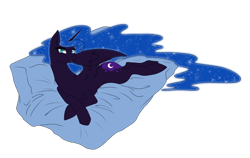 Size: 900x568 | Tagged: safe, artist:yoonny92, character:nightmare moon, character:princess luna, species:alicorn, species:pony, female, missing accessory, prone, smiling, solo, spread wings, stupid sexy nightmare moon, wings