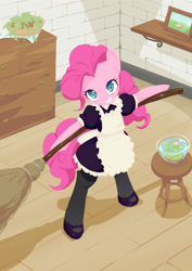 Size: 1413x2000 | Tagged: safe, artist:siagia, character:pinkie pie, species:pony, apron, bipedal, broom, clothing, female, fishbowl, french maid, maid, pixiv, semi-anthro, solo