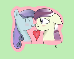Size: 733x585 | Tagged: safe, artist:php8, character:fleur de verre, character:sapphire joy, species:crystal pony, species:pony, blushing, cute, eyes closed, female, floppy ears, grin, heart, lesbian, shipping, smiling
