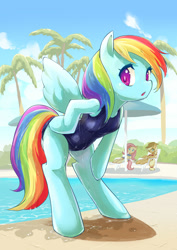 Size: 1413x2000 | Tagged: safe, artist:siagia, character:applejack, character:fluttershy, character:rainbow dash, species:earth pony, species:pegasus, species:pony, :o, arm hooves, bench, bikini, bipedal, braid, breasts, chestbreasts, clothing, colored pupils, cute, dashabetes, female, hat, holding legs, looking at you, mare, one-piece swimsuit, open mouth, palm tree, pixiv, school swimsuit, semi-anthro, shiny, solo focus, spread wings, sultry pose, swimming pool, swimsuit, tree, umbrella, wet, wet mane, wings